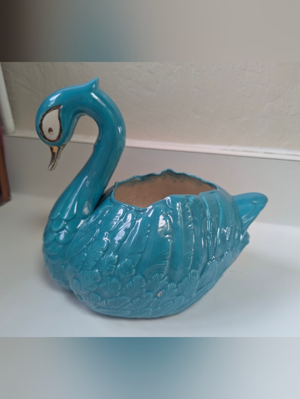 Vintage Teal Turquoise Gold Ceramic Swan Planter Beautiful